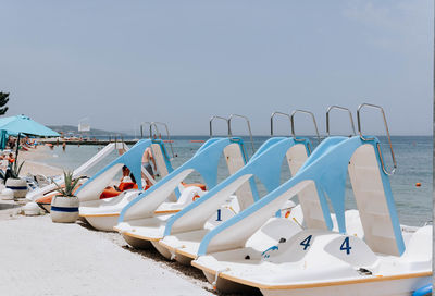 Paddle boat for rent on beach in supetar on brac island in croatia