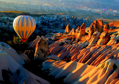Hot air balloons flying over landscape