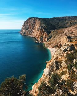 Scenic view of bay against sky