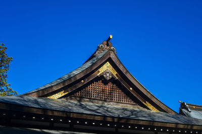 Low angle view of building against clear blue sky