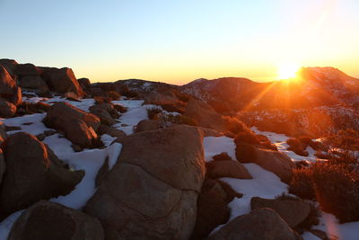 Scenic view of mountains against clear sky during sunset