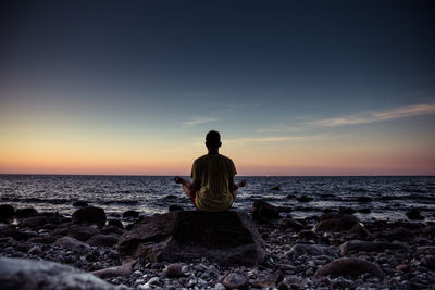 Rear view of man sitting on rock by sea against sky