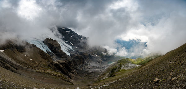 Panoramic view of volcanic landscape against sky