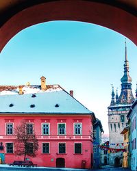 Low angle view of buildings against clear sky