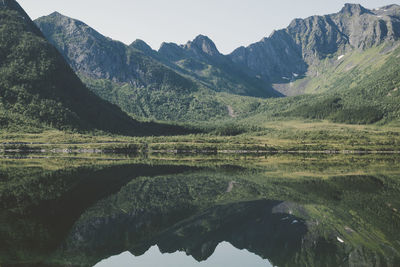 Scenic view of lake and mountains against sky
