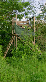 Wooden structure on field in forest