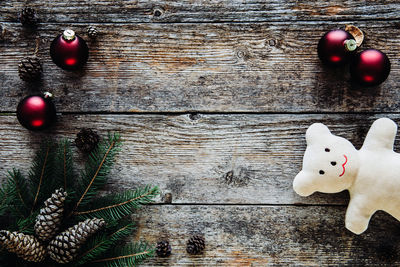 High angle view of christmas decorations on table