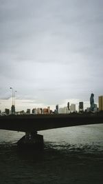 River in city against cloudy sky