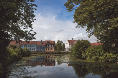 Reflection of trees and houses in water