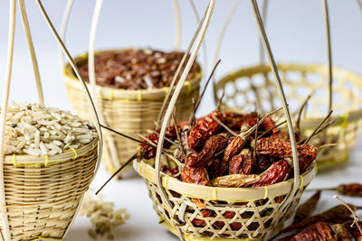 Close-up of fruits in basket on table