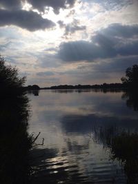 Scenic view of lake against cloudy sky