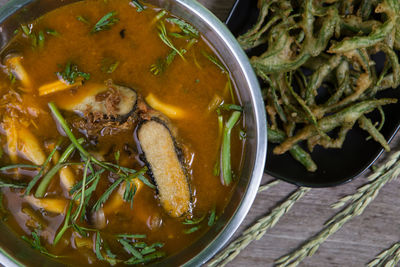 High angle view of soup in bowl on table