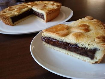 Close-up of cake served on table