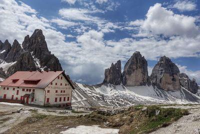 Panoramic view of buildings and mountains against sky