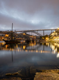 Illuminated bridge over river