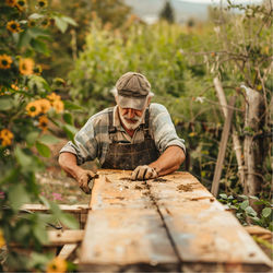 Portrait of man working on wood