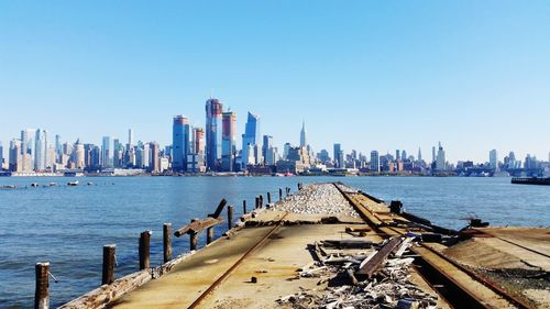 Panoramic view of sea and buildings against clear sky