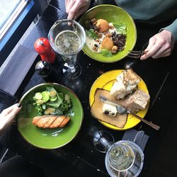 High angle view of food served on table