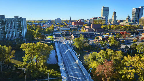 High angle view of buildings in city