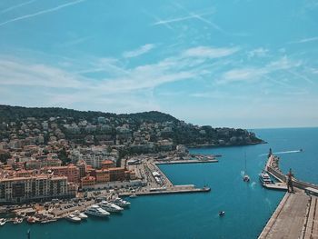 High angle view of boats moored in sea