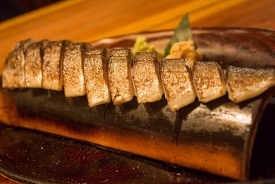 Close-up of meat on barbecue grill