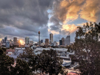 Panoramic view of buildings against cloudy sky