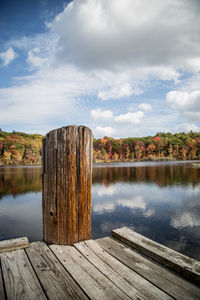 Wooden pier on lake against sky