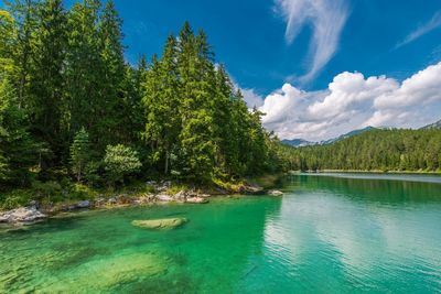 Scenic view of lake by forest against blue sky