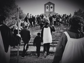 Rear view of people during holy week at la pobla de massaluca