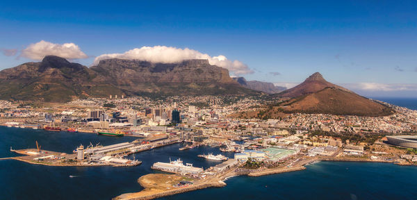 Aerial view of city against cloudy sky