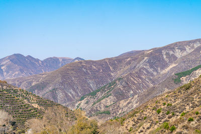 Scenic view of mountains against clear blue sky