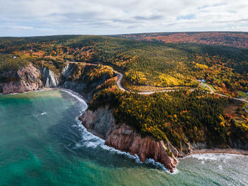 Aerial view of scotch head during autumn, cape breton island, nova scotia, canada