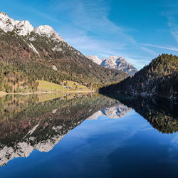 Scenic view of hintersteinersee in austria and mountains against blue sky