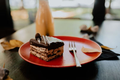 Close-up of cake in plate on table