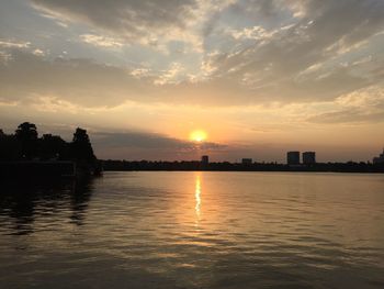 Scenic view of river against sky at sunset