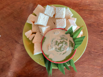 High angle view of food in plate on table