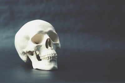 Close-up of human skull on black background