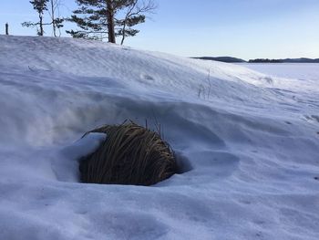 Scenic view of snow covered land against sky