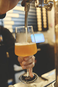 Hand of bartender pouring a large lager beer in tap. pouring beer for client. selective focus.