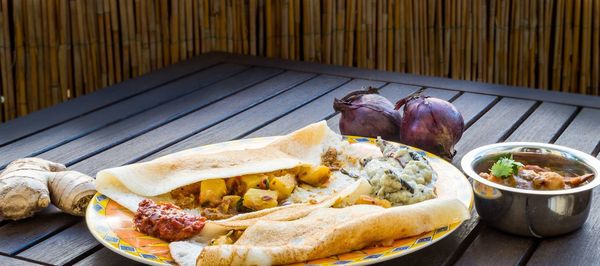 High angle view of food on table