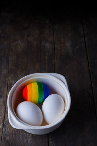 High angle view of multi colored candies on table