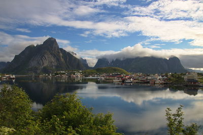 Scenic view of lake and mountains against sky