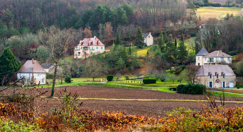 Trees and houses on field against mountain