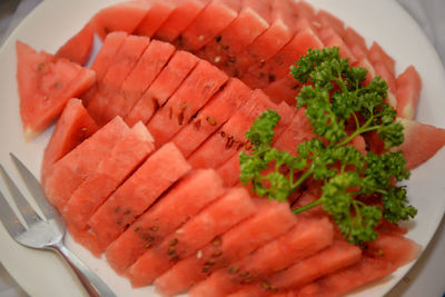 Close-up of watermelon slices in plate