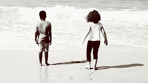 Rear view of friends walking on beach