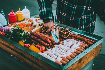 High angle view of meat on barbecue grill