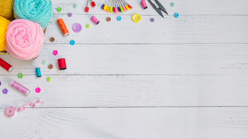 High angle view of multi colored pencils on table