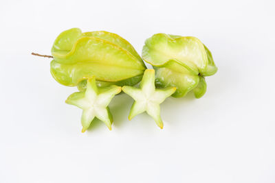 Close-up of green chili pepper against white background