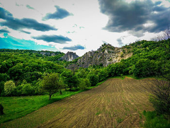 Scenic view of field against cloudy sky