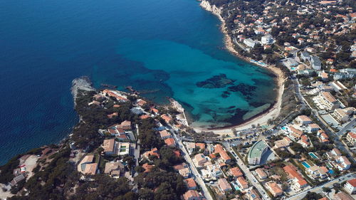 High angle view of beach and buildings in city